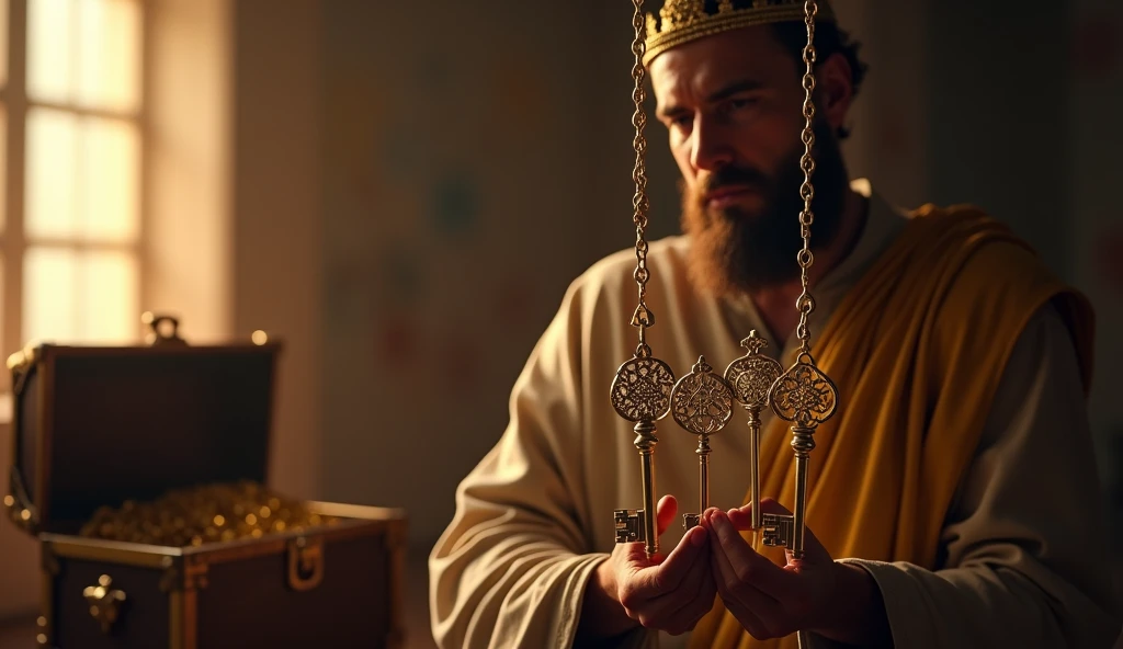 Create a hyper-realistic and mysterious image of Solomon holding a set of ancient keys, each representing a different form of wealth or investment – one for land, another for trade, another for precious metals, and so on. The keys are suspended on a gold chain, and in the background, softly blurred, there is a treasure chest that symbolizes wealth protected by diversification. The golden light coming through a nearby window should illuminate the keys, creating a sense of security and strategy, showing that diversification is the key to protecting and growing wealth.