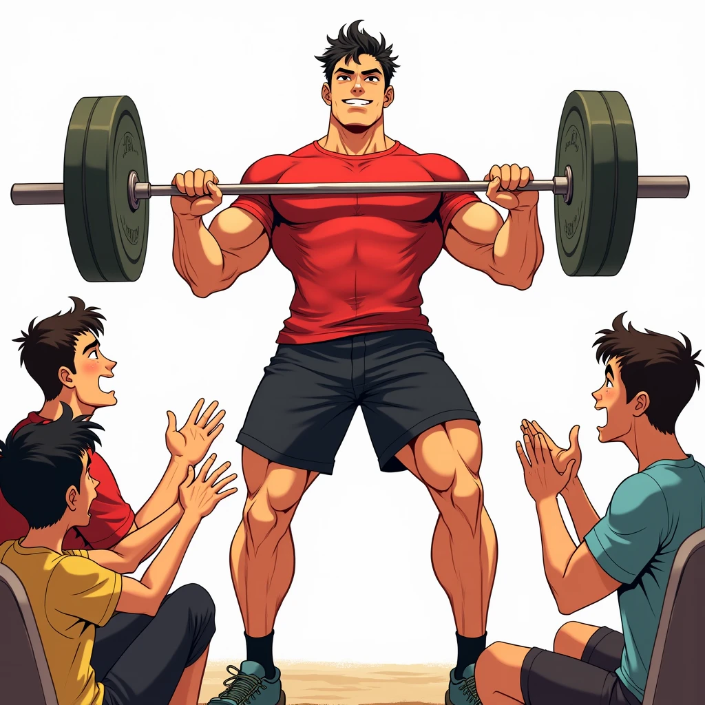 japanese manga art style, best quality, masterpiece, handsome young man wearing red tshirt and black shorts, lifting a barbell, few friends of different races cheering, perfect fingers, perfect hands, perfect face, perfection, white background