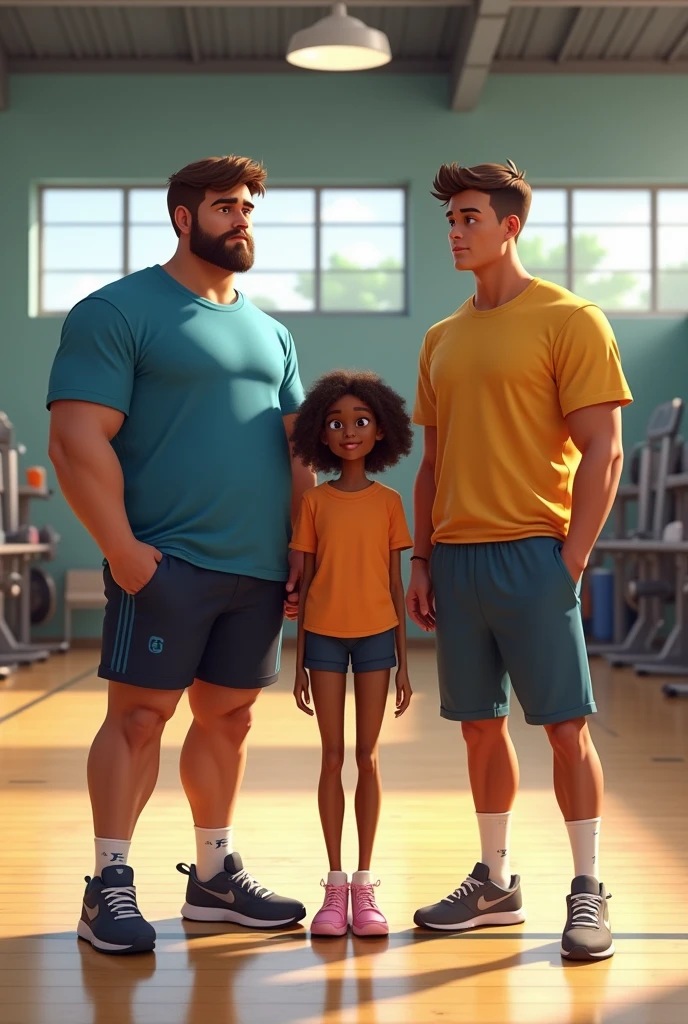 A fat white boy and another super skinny boy, white and with muscles in the middle you put a shorter and thinner black girl with chicken legs In the gym with an age of 16 years OF 16 years