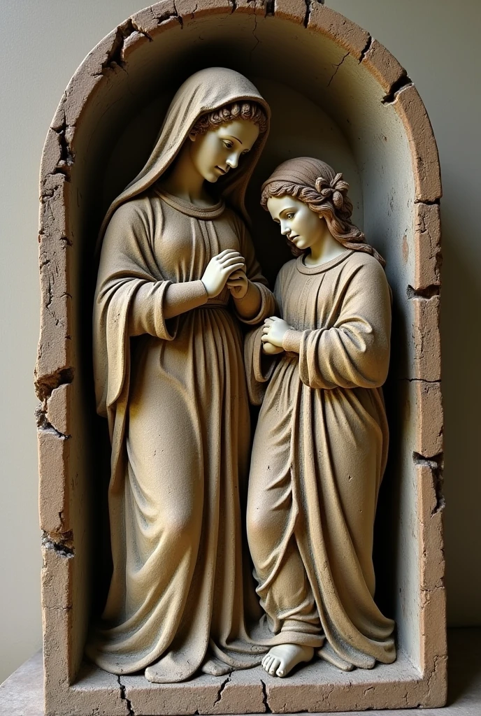 The art toy of Saint Anne and the Virgin Mary has cracks.