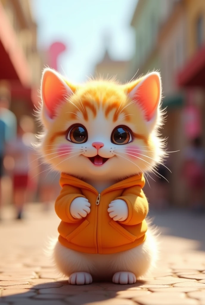 Fascinating, 美味しくふわふわな子猫のマンチカンの高品質3D Rendering, Exudes cuteness and charm. With a round and plump body、It is softly covered, Vibrant fur and gentle, Small teeth peek out from a slightly open mouth. (Wearing a hoodie)、Its big, Expressive round eyes sparkle, and、Those rosy cheeks are charming. (Upright、Standing on two hind legs), Place your hands gently at your sides, She exudes a charming and friendly aura.. Highlights vibrant colors and textures, Creating visually striking and conceptually unique work., photograph, Conceptual Art, 3D Rendering、(The background is a zoo、crowd、Daytime、sun)