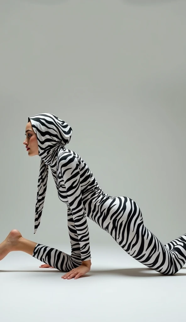 A 3 thin and beautiful asian muslimah muslim woman wears zebra print lycra turtleneck unitard catsuit.She always wear cotton zebra print hijab.She is crawling.
