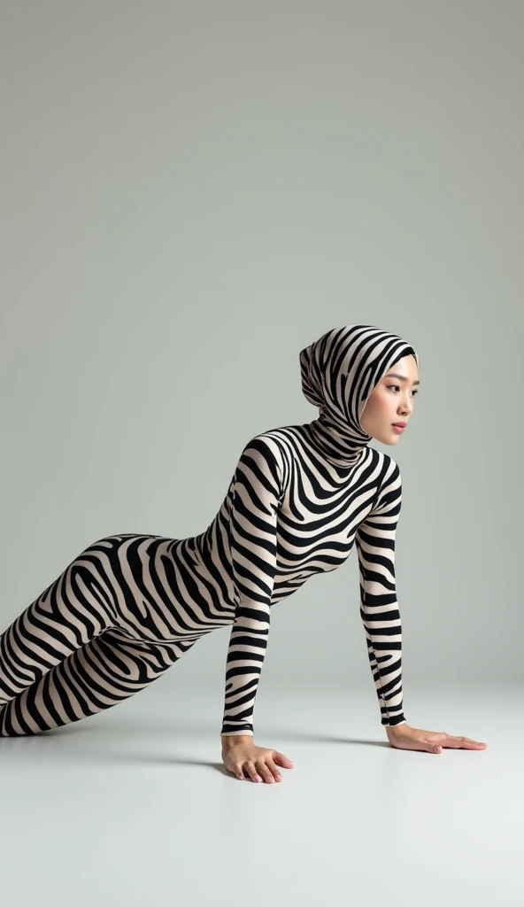 a most beautiful Chinese woman named Cikgu Soon wears blue snake print turtleneck unitard catsuit.She wears a hijab-like hood.She performs Mongolian contortion
