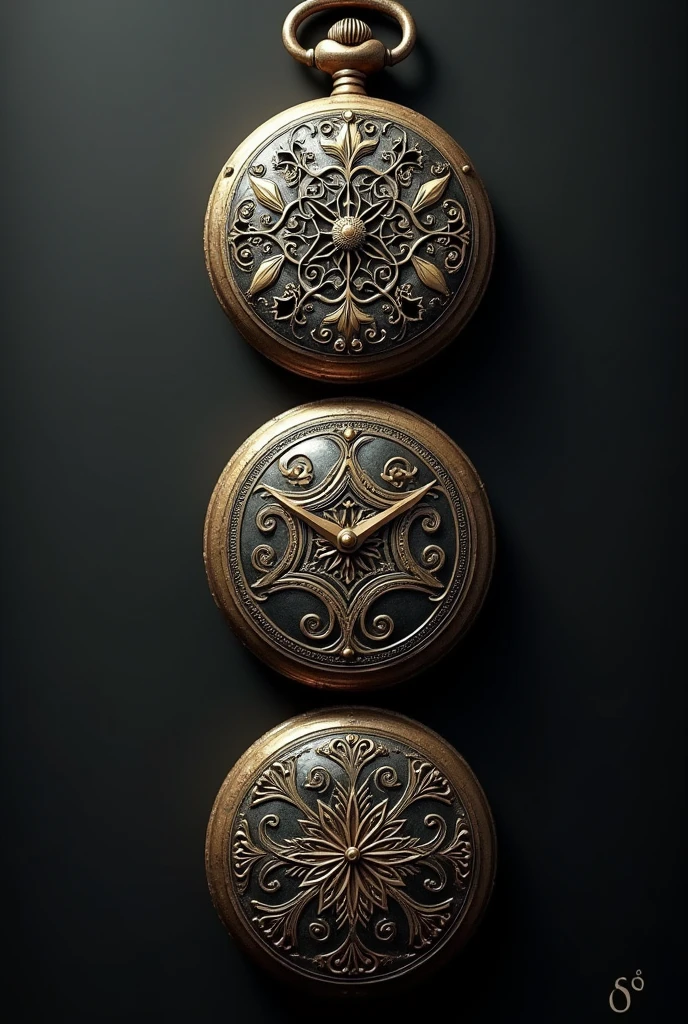 Four vertical pocket watches with tattoo style filigree designs