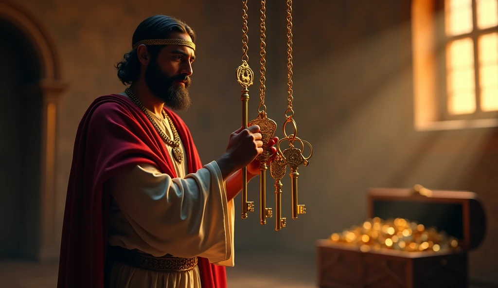 Create a hyper-realistic and mysterious image of Solomon holding a set of ancient keys, each representing a different form of wealth or investment – one for land, another for trade, another for precious metals, and so on. The keys are suspended on a gold chain, and in the background, softly blurred, there is a treasure chest that symbolizes wealth protected by diversification. The golden light coming through a nearby window should illuminate the keys, creating a sense of security and strategy, showing that diversification is the key to protecting and growing wealth.