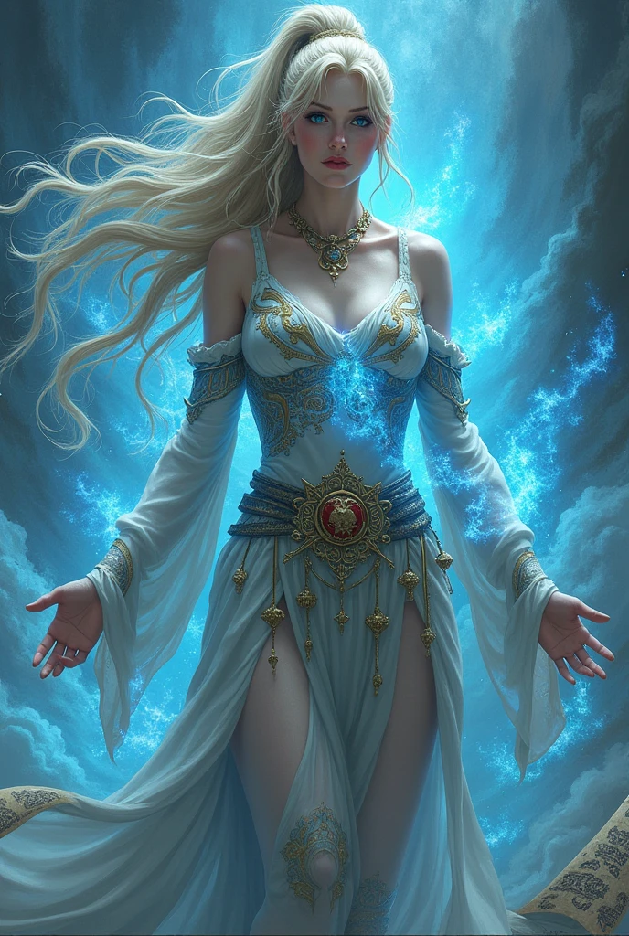 Wind goddess wonded after battle, the body wrapped by sutra, fantasy, have blue glowing eyes, blonde, with ponytail long hair