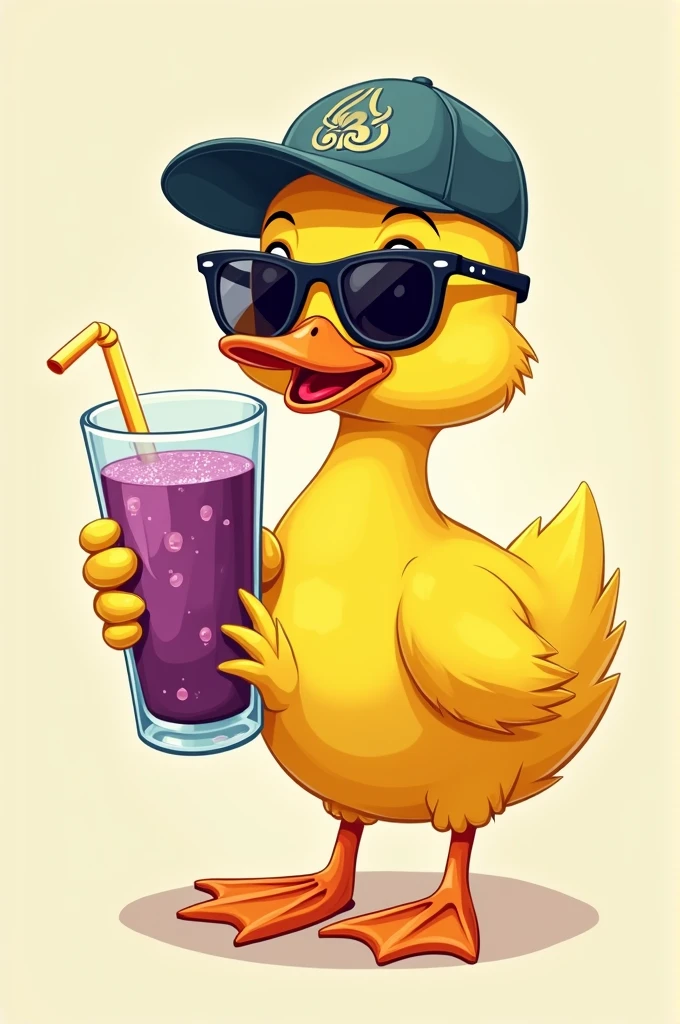 yellow duck with a cap, sunglasses and a glass of açaí in hand, holding the cup with the handles,60s drawing style
