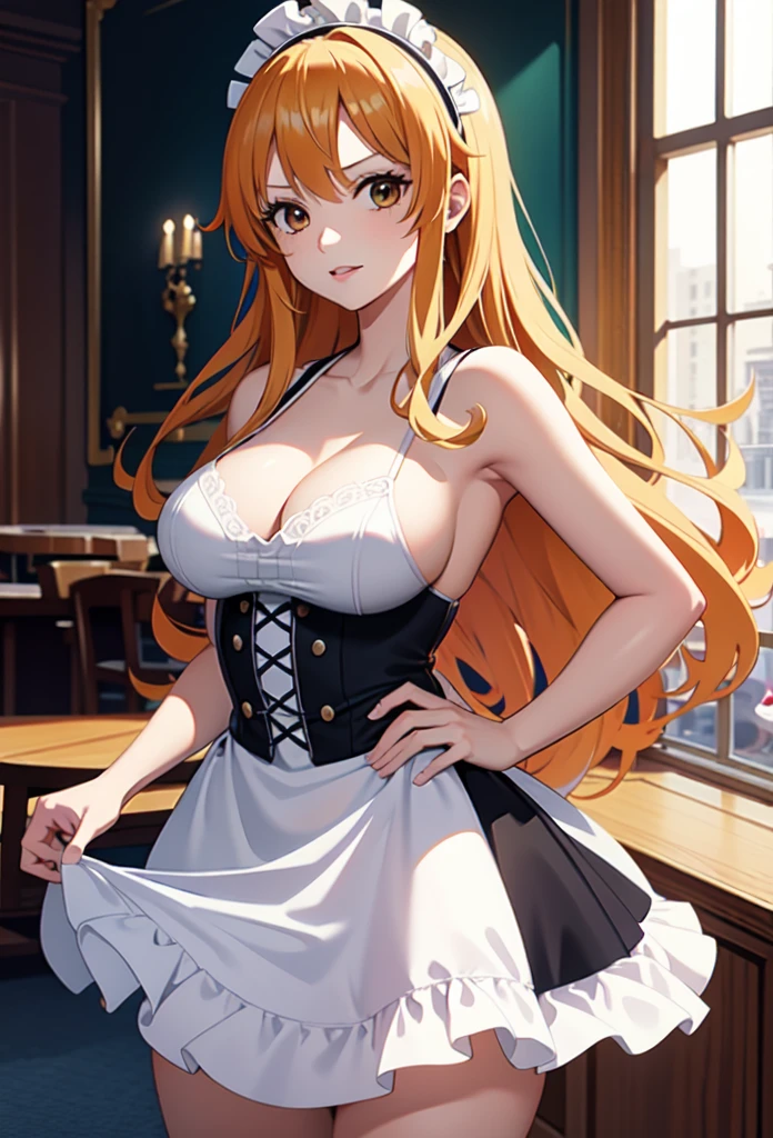 Masterpiece,Solo,1Girl,Nami,(One Piece),Big Breasts,Perfect Body,Sexy Body Hot,Best Quality,High Resolution,Photograph 16K,Ultra Detailed,Long Hair,Beautiful,Beautiful Woman,Female Maid Prancis Theme,Female Maid Outfit Anime,Short Dress,Black And White Dress Prancis Cute ta,Cafe Background