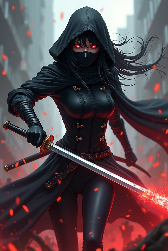 black clothing ,estilo アニメ,hood hiding the hair, black mask in the mouth,Woman, slim, using katana,Eyes red ,アニメ, fighting people and killing enemies and beheading them