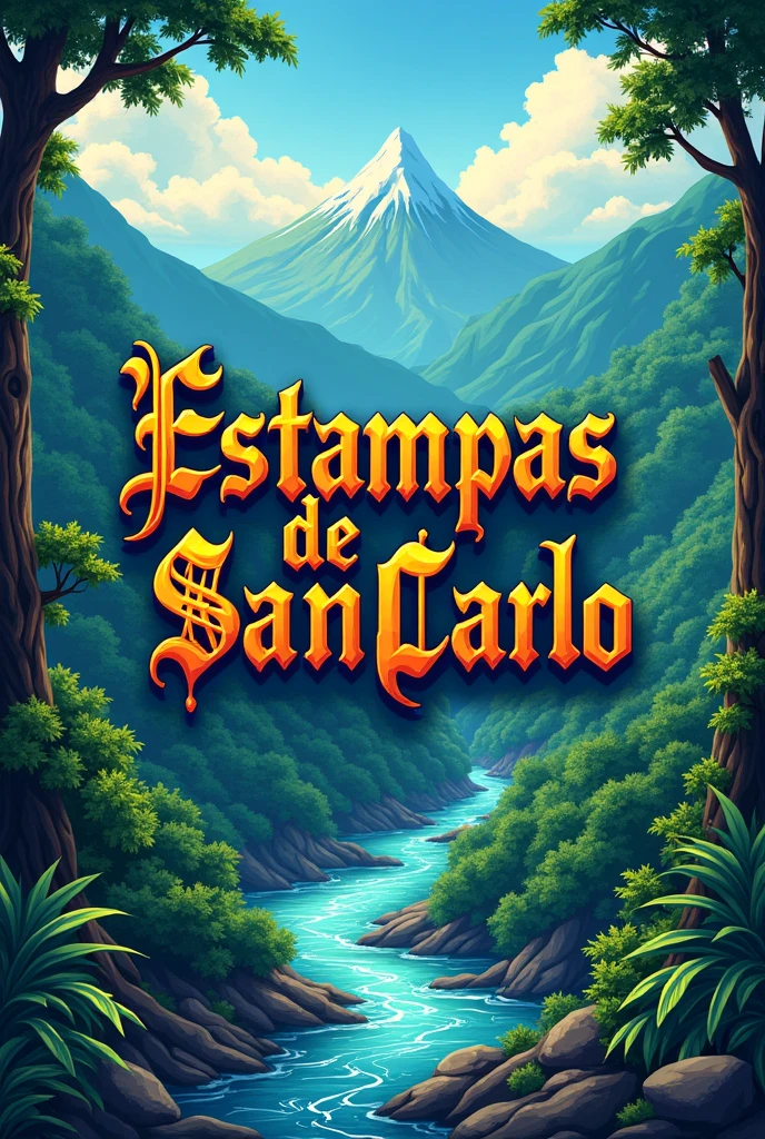 A vibrant anime-style poster featuring a dynamic background composed of bright, lively tones that blend harmoniously into a colorful depiction of Venezuelan landscapes. The background showcases the lush greenery of Venezuelan forests, the majestic mountains, and the serene rivers, all rendered in rich, vivid colors that evoke the beauty and diversity of the region. In the center of the image, the name "Estampas de San Carlos" stands out prominently in bold, gothic-style typography. The text is inked in deep black, with intricate details and sharp edges that contrast beautifully against the colorful backdrop. The gothic font adds a touch of classic elegance, giving the title a striking presence amidst the vibrant scenery. The overall composition is carefully balanced, with the bright background and central text creating a captivating and aesthetically pleasing anime-inspired artwork that draws the viewer in with its rich details and bold colors.