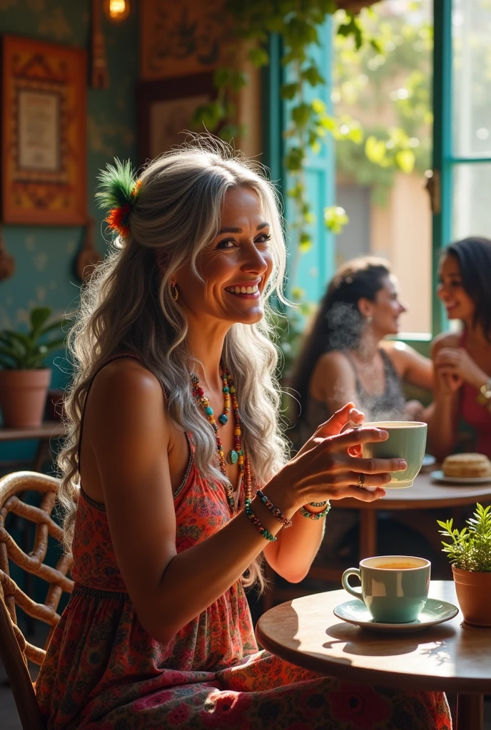 67 year old Mexican lady, hippie/ bohemian and fit. reads the horoscope and has coffee with her friends