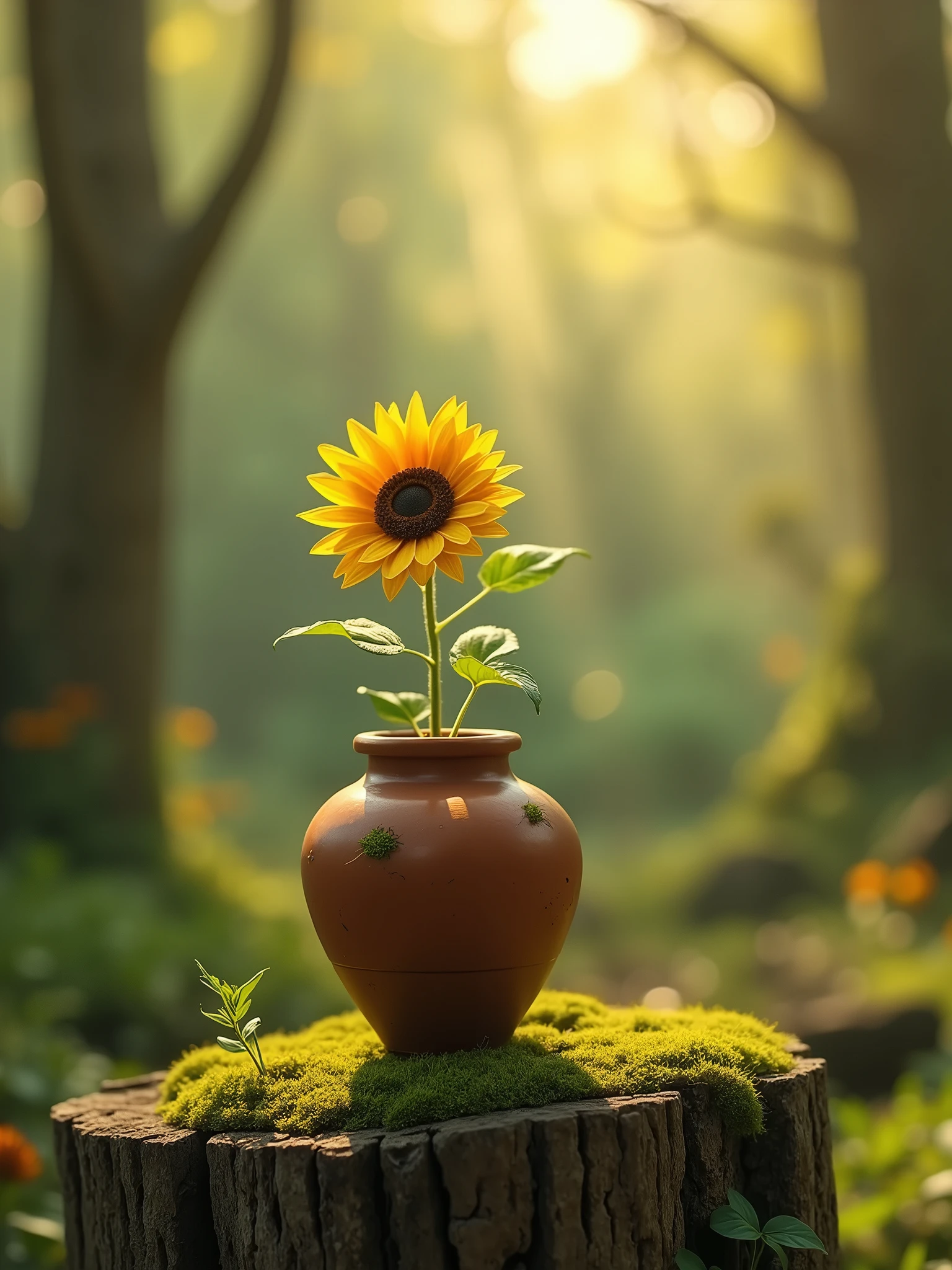 A whimsical miniature figure of a sunflower, delicately arranged, dances grandly on the edge of a worn, moss-covered terra cotta vase. It is set against a backdrop of vibrant, lush forest, where sunlight filtering through the canopy above casts intricate shadows. The scene has an ethereal aesthetic with warm, earthy tones of Sienna, amber and olive, accented by hints of emerald and golden light, evoking a sense of wonder and enchantment as if taken from a realm.