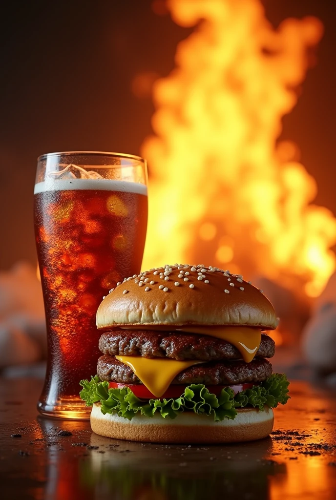 (photorealism:1.2), hamburguer whit cola and behind on fire