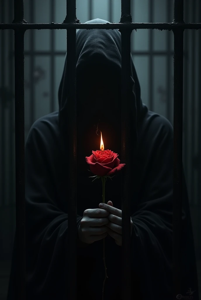 A mysterious-faced prisoner hiding inside a dark cell with bars amidst the shadows, holding a red rose in the center on fire.