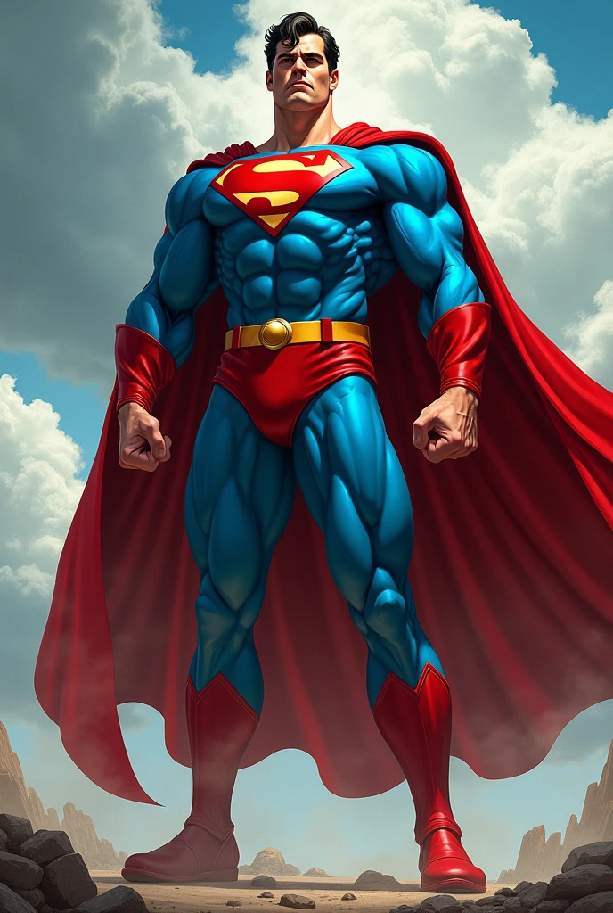 Create for me a hero with a blue uniform, red arms, a man with a cape, put a u symbol on his chest.