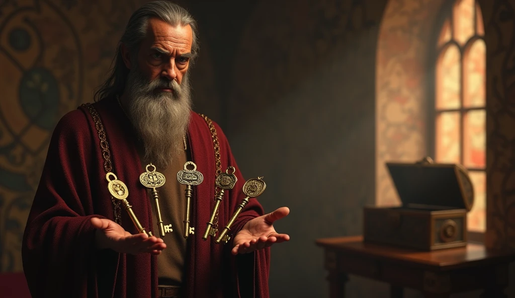 Create a hyper-realistic and mysterious image of Solomon holding a set of ancient keys, each representing a different form of wealth or investment – one for land, another for trade, another for precious metals, and so on. and in the background, softly blurred, there is a treasure chest that symbolizes wealth protected by diversification. The golden light coming through a nearby window should illuminate the keys, creating a sense of security and strategy, showing that diversification is the key to protecting and growing wealth.