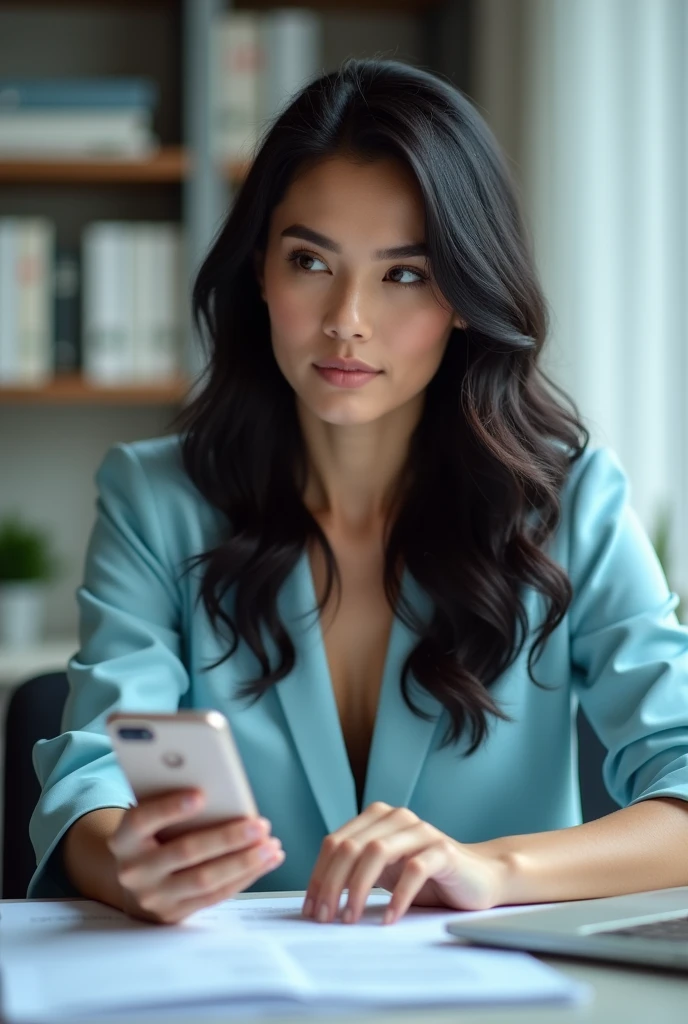 a one woman, dark brown eyes, long black hair, evangelical, wearing a baby blue outfit, well behaved executive, In an office, with a cell phone in hand, sitting at the table studying,a photo for your Instagram profile,