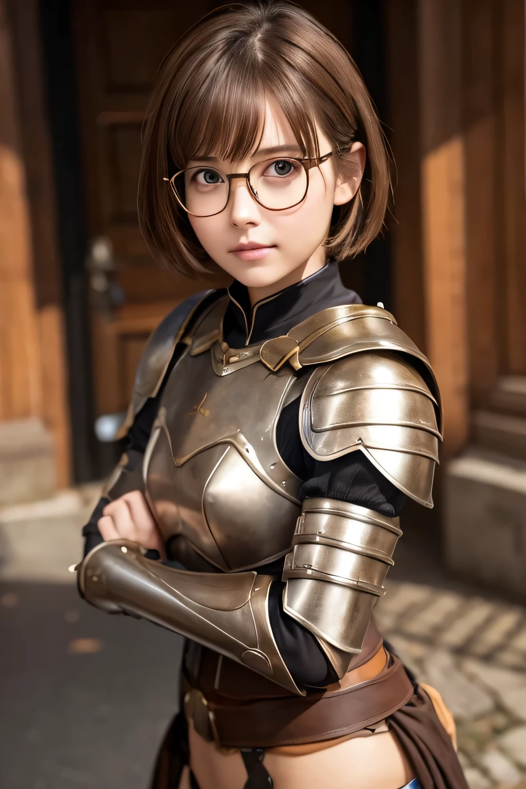 girl,armor,Brown Hair,Short Hair,ribbon,Glasses,Cute pose,