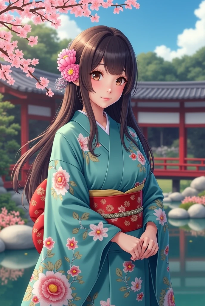 (masterpiece、Highest quality、8k、High resolution)、Traditional Japanese beauty in kimono、The best girl in anime、Floral pattern on white background、Vibrant colors、Japanese garden、There is a pond、Colorful flowers、Vibrant colors、Cherry Blossom、There is a drum bridge、A complete portrayal、Detailed anime art、