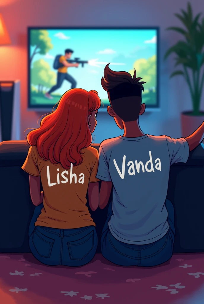 A couple aged 19, sitting together on a black couch, playing a shooting game,both dark skinned , cartoon style,a ps5 next to the tv,on the back shirt of the girl written Lisha,the girl with orange hair,on the shirt of the boy written vanda,the boy with a flat top hair style,