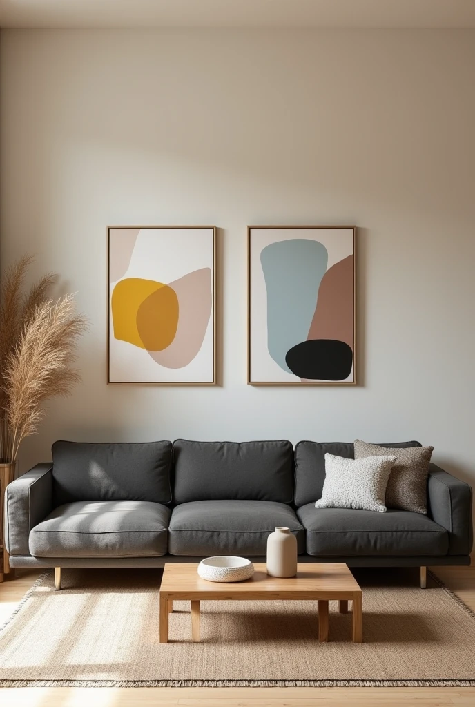 Smooth wall painted in the color of shredded paper,  with 2 frames in abstract style with yellow colors, doradas, earthy tones and blue, comfortable five-seater sofa in graphite color, rectangular rug made of natural fabric to compose the environment, and in the center of the carpet a small table in angelim wood with decorative objects to complement.