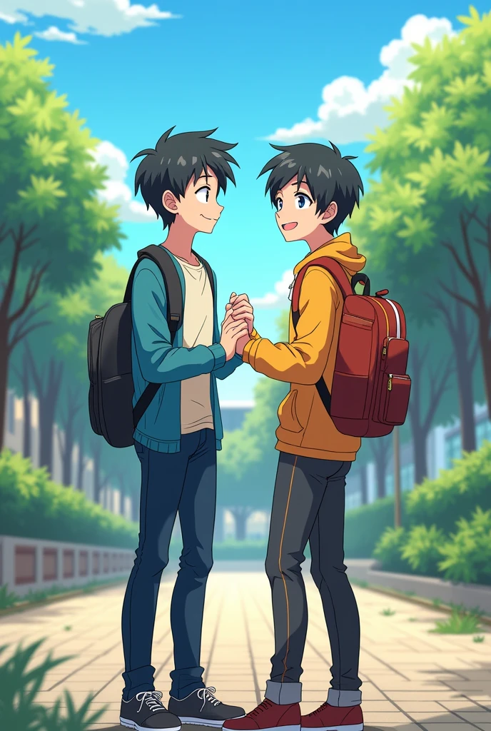 A person at school, a gay man with a friend the image has to be in anime