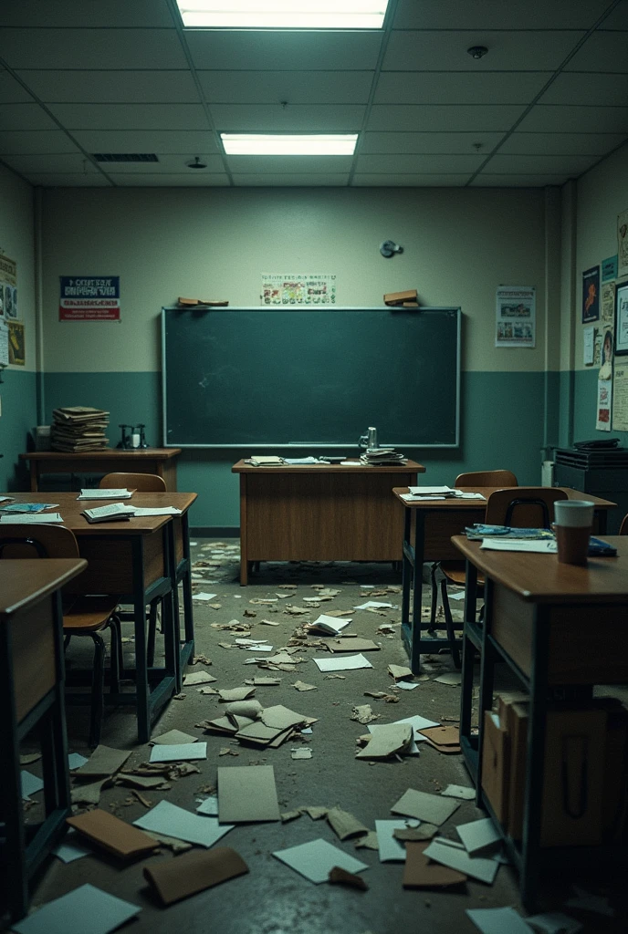 Messy school classroom with no students, blackboard and desk in the background



