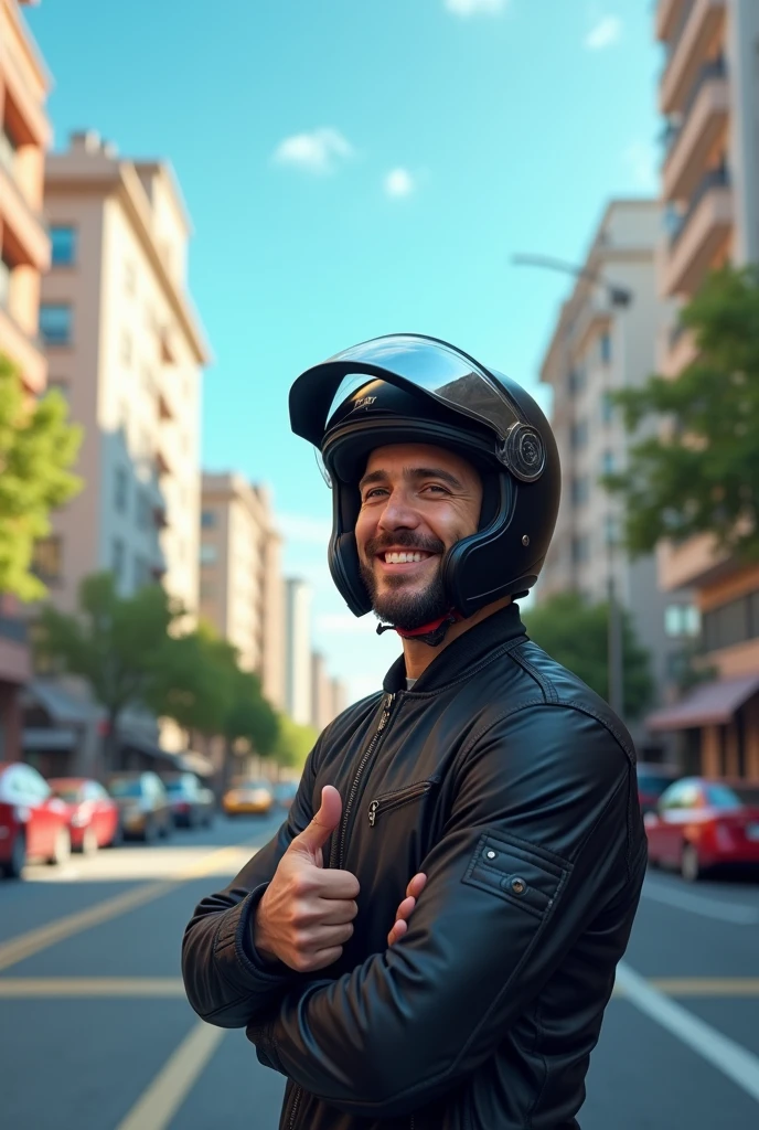 horizontal image of a standing biker, wearing a helmet with an open visor, where you can see your smiling face, he is facing forward showing his thumb. in the background there is a street with several cars and buildings. The sky is blue.