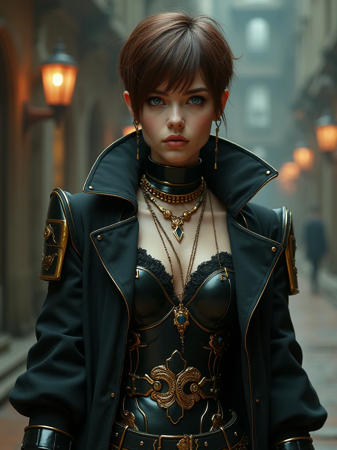 full body shot of one Beautiful woman. Dark brown hair, pixie haircut. blue eyes. daring outfit. goth tomboy. maidenly charm. space rogue assassin. Knightly cyber armor. golden accessories. lacy trenchcoat. Dark sci-fi. Warhammer 40k. Dieselpunk. baroque oil painting.