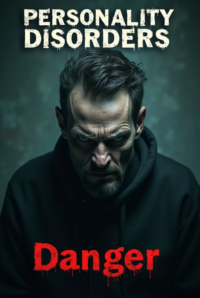 I want an image for an Instagram carousel. Background sombrio, com a headline: personality disorders test. Below the headline I want the word "danger". Place the image of the Joker or another man that refers to a mental disorder. I want dark tones, dark image.
