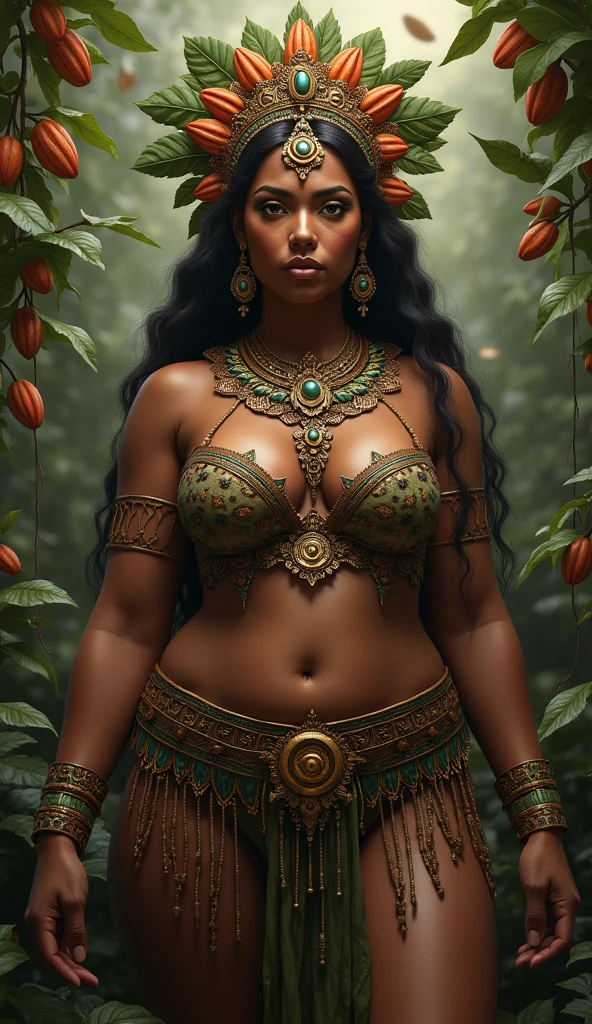 Mayan goddess IXCACAO,  dark skinned goddess, chocolate goddess, of fertility, of abundance and agriculture. in the background cocoa beans