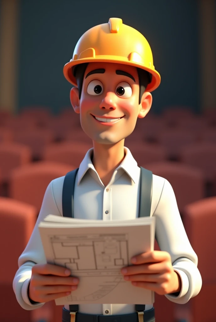 Civil engineer drawing animation with a helmet, white shirt, black eyes and looking straight ahead smiling with plans in his hands with a background of a fine arts theater