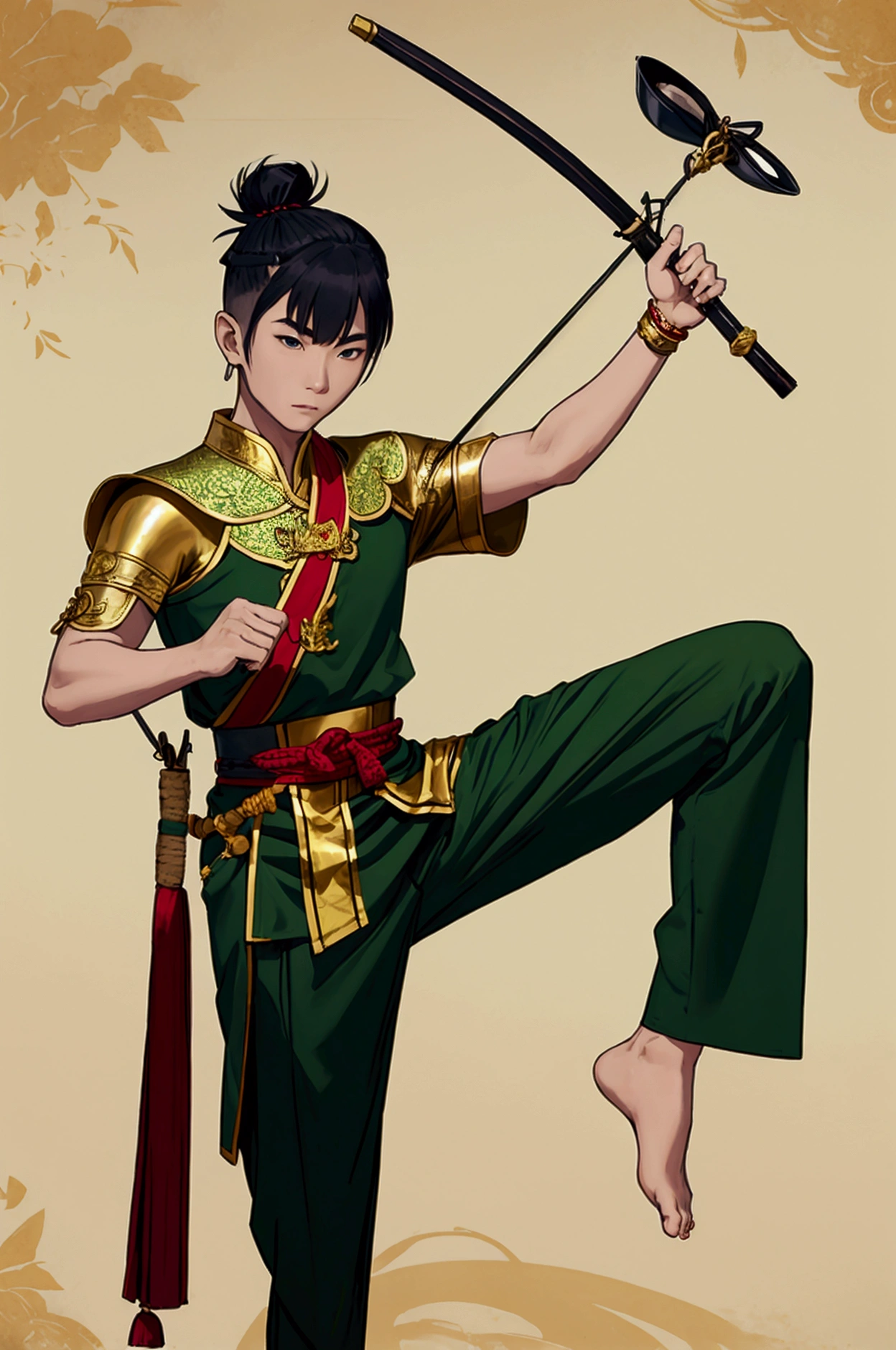 man,Wearing Thai warrior costume,Hold a bow.,short hair, shoe ,stand,high,Wearing a green shirt,Black Pants