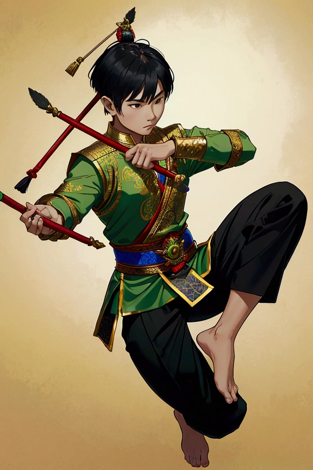 man,Wearing Thai warrior costume,Hold a bow.,short hair, shoe ,stand,high,Wearing a green shirt,Black Pants