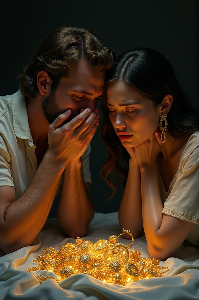 Marriage couple crying to seeing to gold joilaries