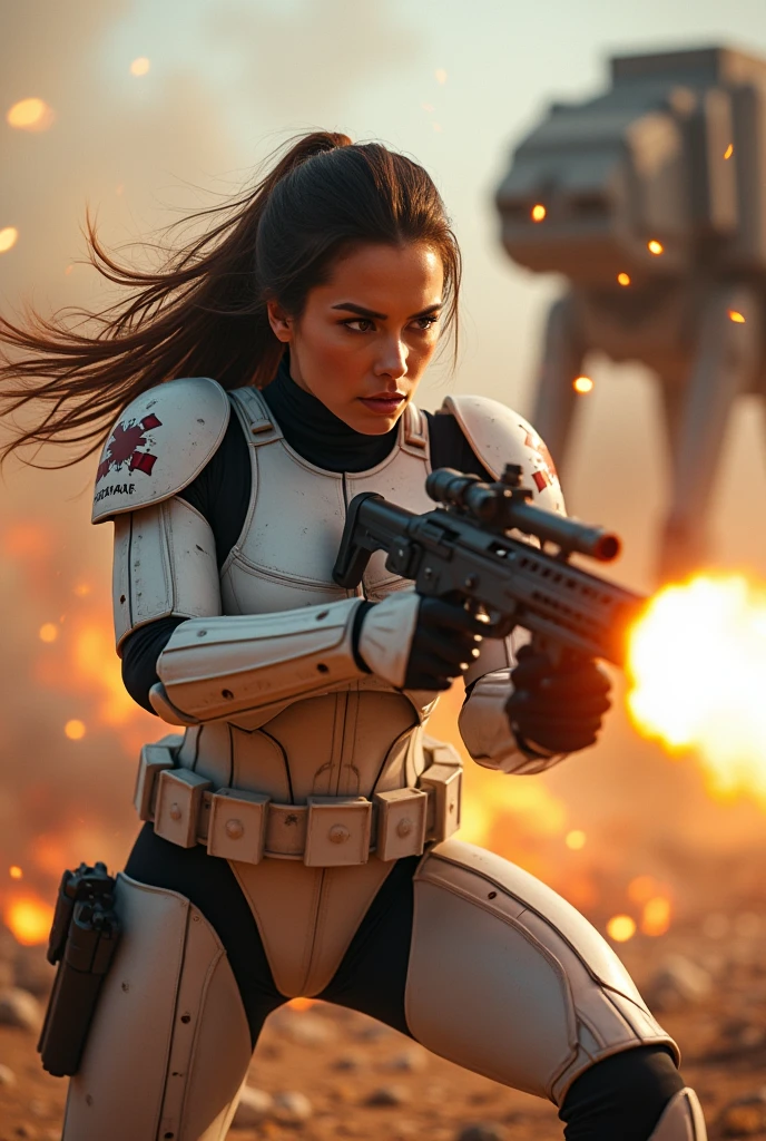 high quality, 8K Ultra HD, beautiful Caucasian woman, clone arc trooper, 
dual blasters, explosions, blaster bolts, invasion, AT-TE walkers, 
