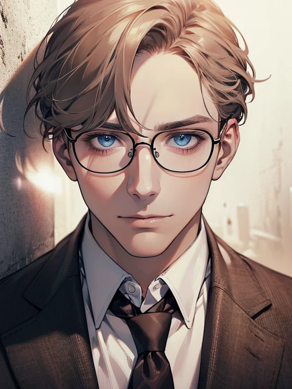 masterpiece, best quality, 1male mature, 32 years, gray brown hair, blue eyes, glasses, CEO, white shirt, mugshot, wall background, detailed eyes, detailed facial features, realistic and high resolution (best quality, 4k, 8k, highres, masterpiece:1.2)