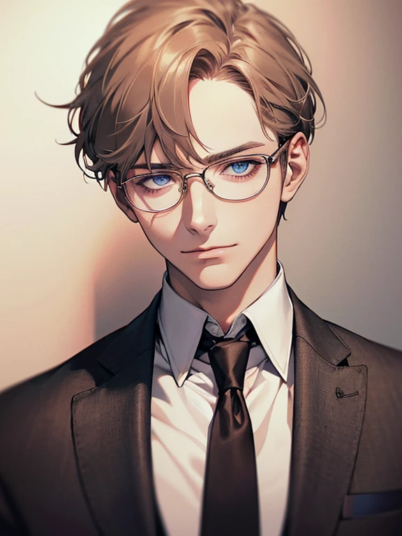 masterpiece, best quality, 1male mature, 32 years, gray brown hair, blue eyes, glasses, CEO, white shirt, mugshot, wall background, detailed eyes, detailed facial features, realistic and high resolution (best quality, 4k, 8k, highres, masterpiece:1.2)