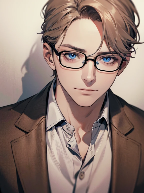masterpiece, best quality, 1male mature, 32 years, gray brown hair, blue eyes, glasses, CEO, white shirt, mugshot, wall background, detailed eyes, detailed facial features, realistic and high resolution (best quality, 4k, 8k, highres, masterpiece:1.2)