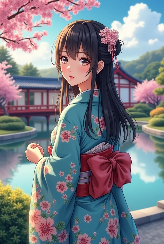 (masterpiece、Highest quality、8k、High resolution)、Traditional Japanese beauty in kimono、The best girl in anime、Floral pattern on white background、Vibrant colors、Japanese garden、There is a pond、Colorful flowers、Vibrant colors、Cherry Blossom、There is a drum bridge、A complete portrayal、Detailed anime art、