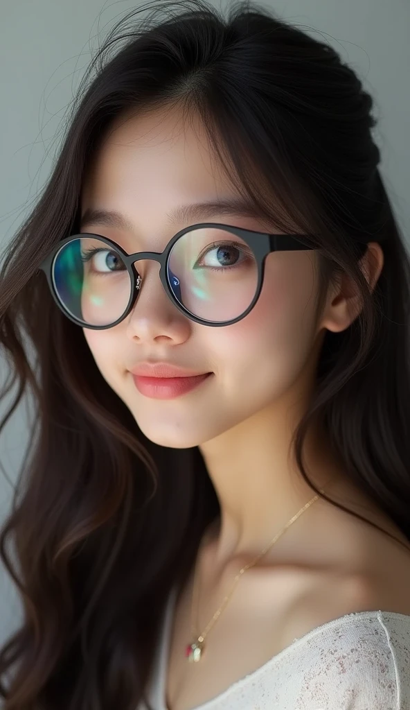 a realistic photo of a [very pretty 26 year old woman] , with [long, wavy, dark hair] , looks like [Dakota Johnson] and [Felicity Jones] , wearing [thick nerd glasses] , light makeup, looking [innocent, cute, flushed] , [light] skin --ar 9:16 --stylize 750 --v 6