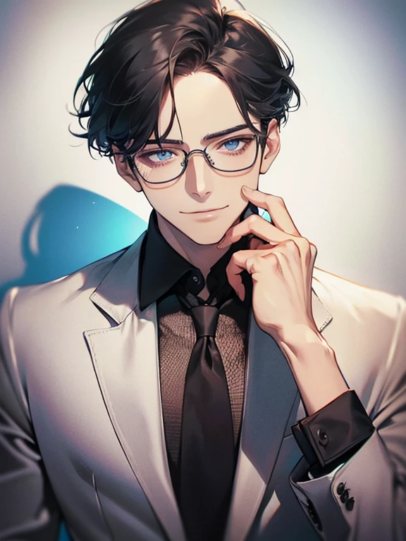 masterpiece, best quality, 1male mature, man, mature, 32 years, gray black hair, blue eyes, glasses, CEO, expression smile in love, white shirt, mugshot, wall background, detailed eyes, detailed facial features, realistic and high resolution (best quality, 4k, 8k, highres, masterpiece:1.2)