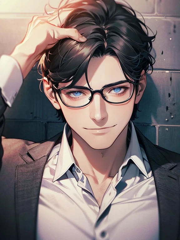 masterpiece, best quality, 1male mature, man, mature, 32 years, gray black hair, blue eyes, glasses, CEO, expression smile in love, white shirt, mugshot, wall background, detailed eyes, detailed facial features, realistic and high resolution (best quality, 4k, 8k, highres, masterpiece:1.2)