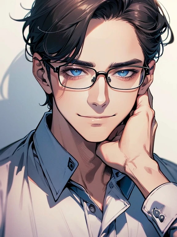 masterpiece, best quality, 1male mature, man, mature, 32 years, gray black hair, blue eyes, glasses, CEO, expression smile in love, white shirt, mugshot, wall background, detailed eyes, detailed facial features, realistic and high resolution (best quality, 4k, 8k, highres, masterpiece:1.2)