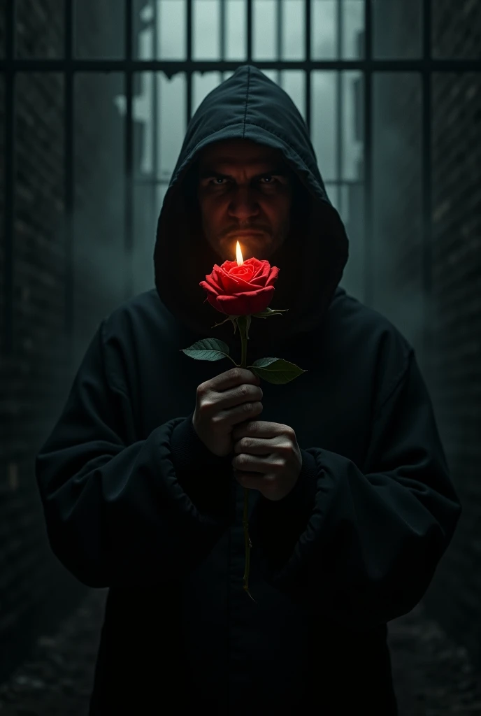 A mysterious-faced prisoner hiding inside a dark cell with bars amidst the shadows, holding a red rose in the center on fire.