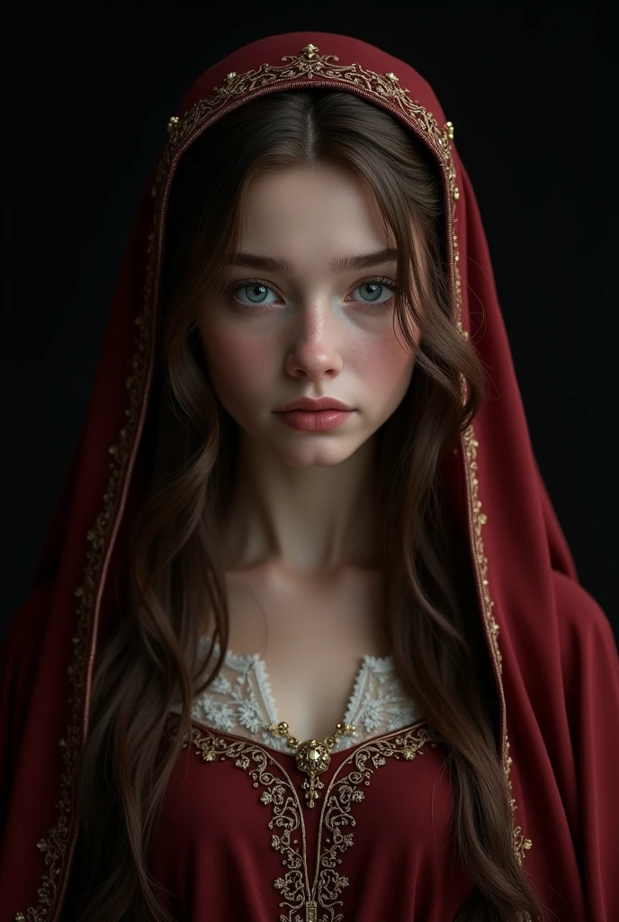 Photorealism、(black background!!!!!), Highest quality、Ultra-high resolution、The most beautiful!!!! pretty!!!!! gorgeous!!!!! lord of the rings young!!!!! 18!!!! year old arwen、(very extremely!!!!!! beautiful!!!!!!! highly detailed 18!!!!!!! year old young face)、medium size Breasts、thin .(Translucent white!!!!! skin!!!!!). german!!!!!, Big bright blue eyes. brown hair. (frontal shot!!!!!), (she is looking down!!!!), (body half in shadow!!!!!!). ( beautiful detailed elf dark!!!!!_red!!!!! gown!!!!! with golden details). (beautiful detailed dark!!!!!_red!!!! veil!!!!!! over head with golden details and lots of folds!!!), (bright topdown!!!!!! light!!!!!), (dark shades!!!!!!), contrapposto!!!!!!!!!!!!!!!!!, (receding into the dark!!!!!!!!!!!!)