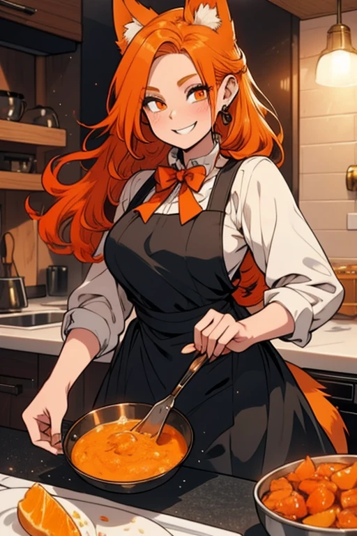 A young orange haired woman with copper eyes and an hourglass figure with orange fox ears and an orange fox tail in a Lolita maid uniform is smiling while cooking in a fancy kitchen