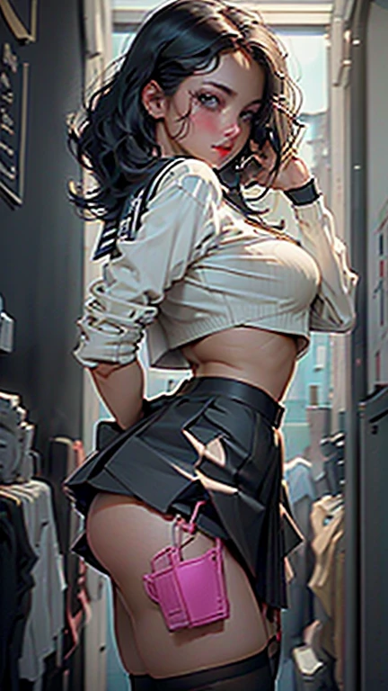 (((1 girl)),Ray Tracing,(Dim lighting),[Detailed Background School Classroom)),((Black Hair)),(Black Hair)),((Fluffy Black Hair, Big tits and slim)) Bobcut))) Avoid golden eyes in the ominous school classroom ((((She is wearing a sailor uniform that shows her underwear, A mini skirt with a bulging curve and black transparent stockings), Delicate, slim figure and big breasts, Correct limbs, Put your hands behind your back, Put your hands behind your back, Put your hands behind your back , Eye details, Beautiful Eyes, Enchanted eyes, Jumpy blue eyes