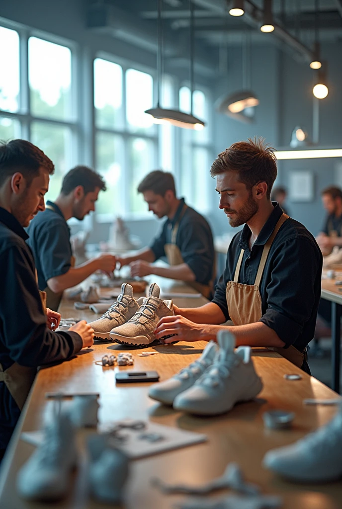 Revolutionary footwear being created in a spacious and inspiring studio, with futuristic aura, but in a very artisanal way.