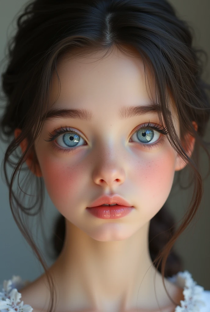 Delicate blue eyes, ashamed, blush